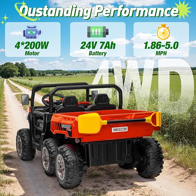 24V Ride On Dump Truck Car for Big Kids 2 Seater XL, 4WD 6-Wheels Battery Powered Ride On Toy with Remote Control, 800W Powerful Motors, Dump Bed & Shovel, Electric UTV for Boys Girls