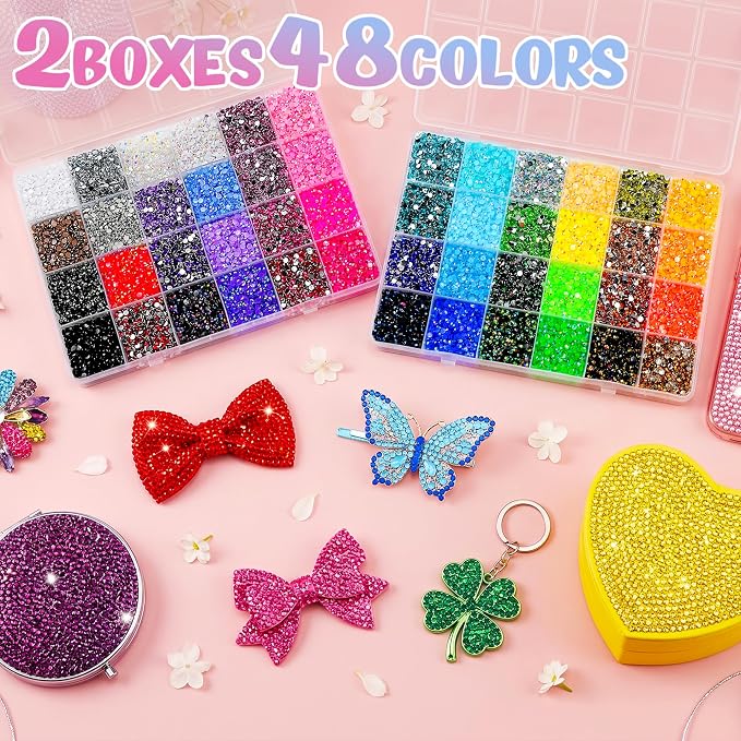 70000Pcs 2 Boxes Bedazzling Kit with Rhinestones, 48 Colors 3mm Resin Flatback Rhinestones with 4 Pcs B7000 Jewelry Glue & Tools, Diamond Art All-in-One Bedazzling Kit for DIY Arts & Crafts Gifts
