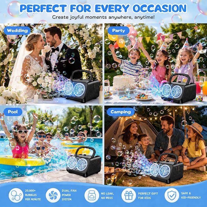 Bubble Machine with Dual Fans,20000+ Bubbles Per Minute | USB-C or AA Battery Operated,Leak-Proof Sealed Bottle,Portable Bubble Maker for Birthday Party Pool Wedding Outdoor