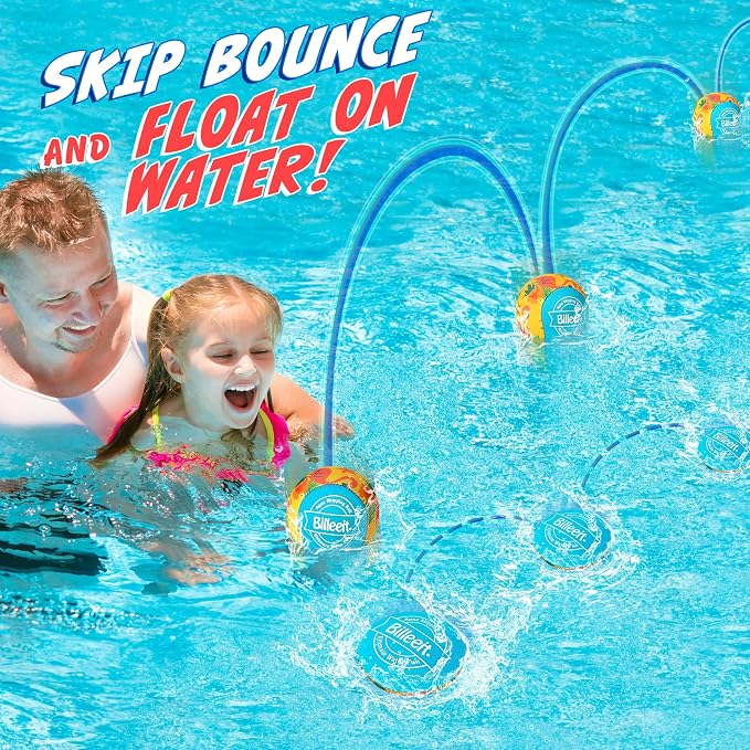Billeeit 5Pcs Water Skipping Balls for Pool Play, Ocean Blue Splash Water Bouncing Balls with Portable Mesh Bag, Fun Beach Toys & Games for Kids 3+ 4-8-12 and Adults