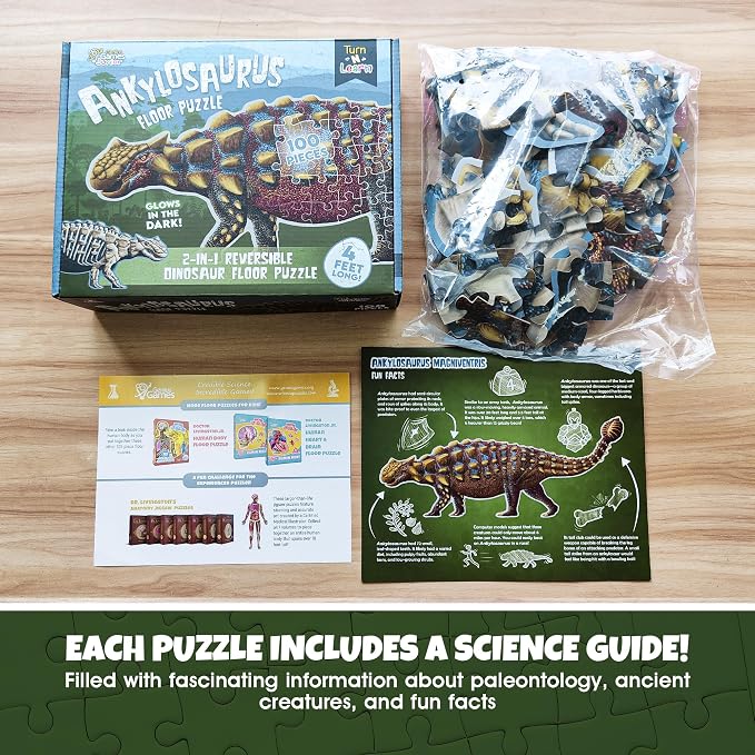 Ankylosaurus Dinosaur Jigsaw Puzzle | 100-Piece Double Sided Floor Puzzle with Glow-in-the-Dark Skeleton On Other Side | 4 FT Scientifically Accurate Dino Illustration | Educational Toy for Kids