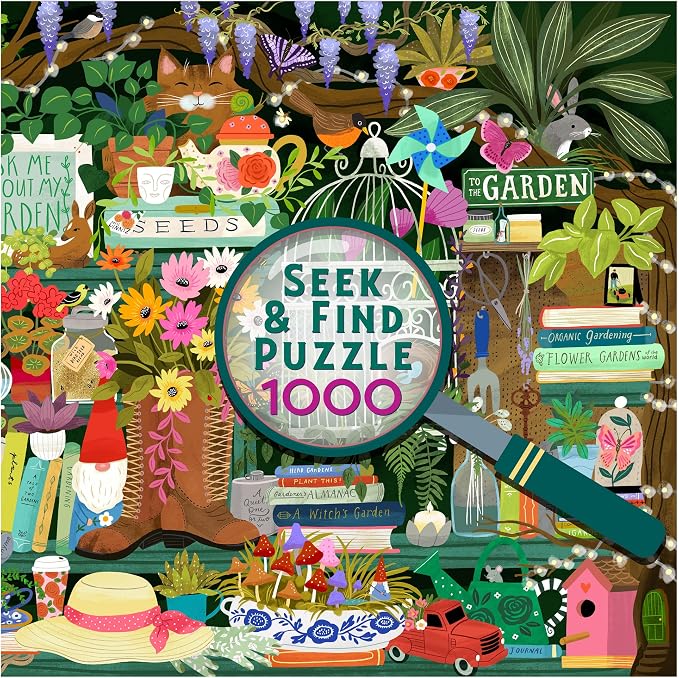 RoseArt - Seek & Find - Gardener's Library - 1000 Piece Jigsaw Puzzle for Adults, Hidden Object Puzzle, Vibrant Garden Scene, Premium Puzzle with Bonus Poster