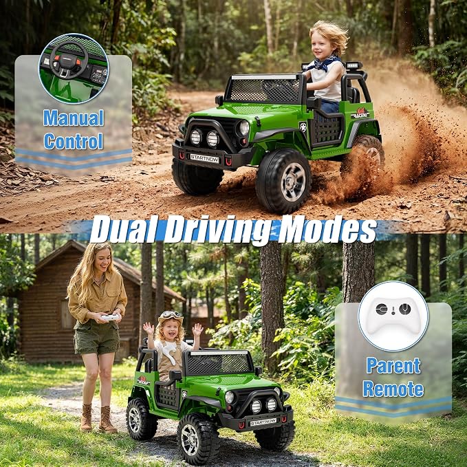24V 4WD Ride on Truck Car w/800W Motors, 2 Seater, Remote Control, Gift Flower, 3 Speeds, Pop Music, Power 4 Wheels, 24 Volt Ride on Toy Cars for Big Kids Boys Girls, Green