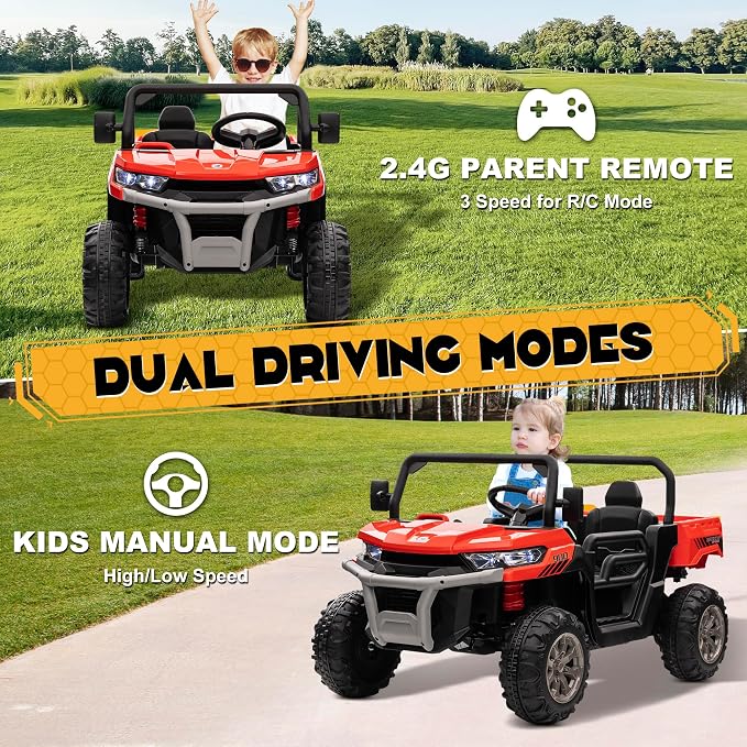 24V 4WD Ride on Car Dump Truck w/4X200W Motor, 2 Seaters, Gift Flower, 2.4G Remote Control, Bluetooth Music, LED Light, 24 Volt Ride on Toy Cars for Big Kids, Red