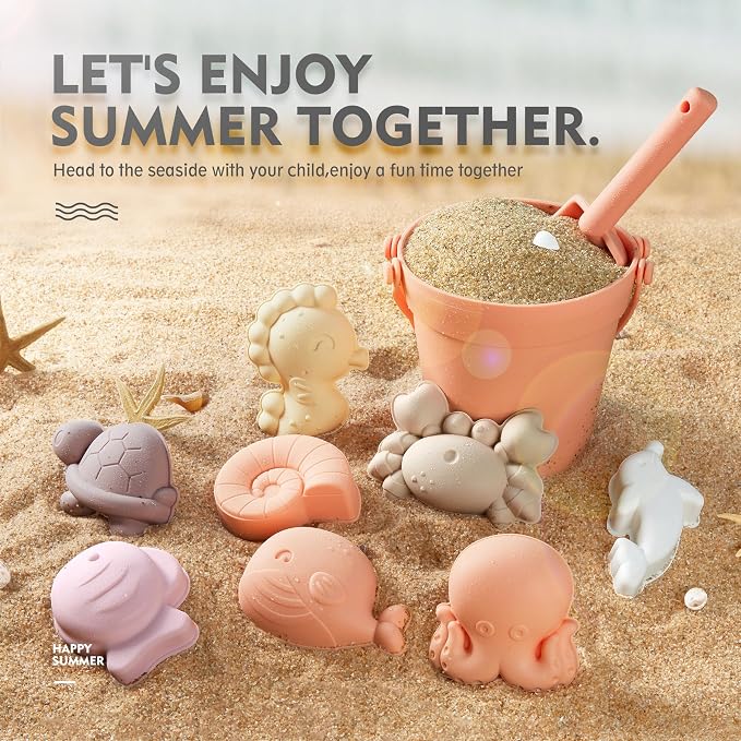 MarcZero 11Pcs Silicone Beach Toys,Modern Baby Beach Toys,Travel Friendly Beach Set,Silicone Bucket, Shovel, 8 Sand Molds, Beach Bag, Sand Toys for Toddlers, Kids (Peach)