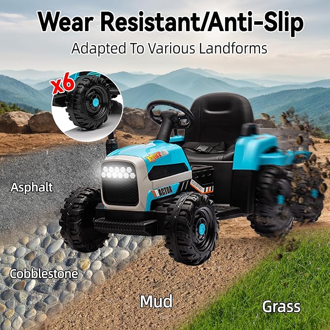 24V Ride on Tractor with Trailer, 400W Electric Car for Kids, Toddler Ride On Toy W/Remote Control, 3 Speed Adjustable, MP3, Bluetooth, LED Light, Blue