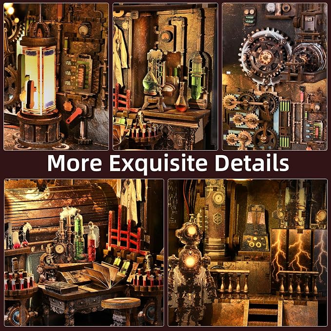 fifijoy Book Nook Kit - DIY Miniature House Dollhouse Kit for Adults and Teens, Steampunk Booknook Tiny House Bookshelf Decor 3D Wooden Puzzle (Mad Scientist Lab)
