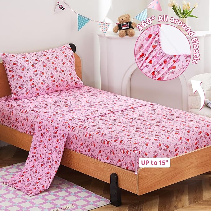 Viviland 3 Pieces Girls Bow Cherry Twin Sheet Set - Soft Microfiber Fitted Flat Sheets & Pillowcase Bed Sheet Set - Pink Bedding Sets for Kids