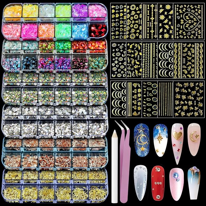 Artdone Nail Art Glitter Studs Kit, 6 Boxes Multicolor and Design 3D Charms with 15 Sheets Gold Nail Stickers, Diamond Cute Nail Jewels for DIY Decoration with Pickup Tools