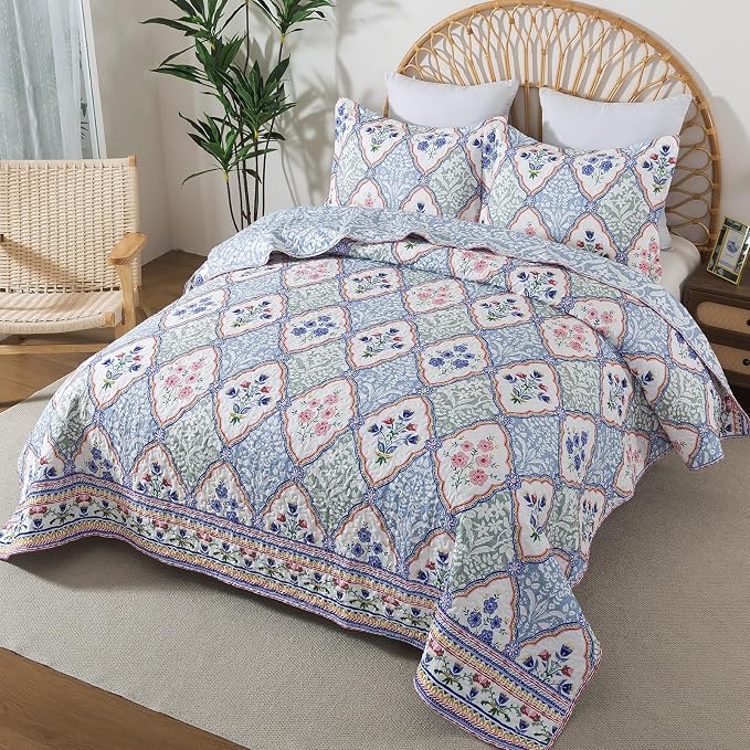 NEWLAKE Quilt Set Queen Size, Bedspread Sets Elegant Floral, Reversible Quilt Bedding Set Lightweight and Breathable for All Seasons, Soft Quilted Bedspread with 2 Pillow Shams