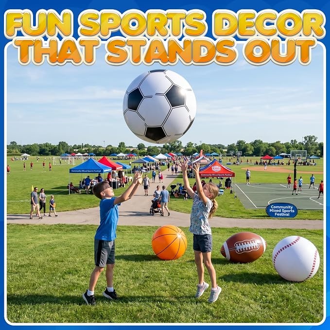 24-Inch Giant Beach Balls - (4-Pack) Extra Large Inflatable Sports Pool Ball Variety - Basketball Football Soccer Baseball - Oversized Beach Balls for Kids Summer Parties & Sports Theme Decorations