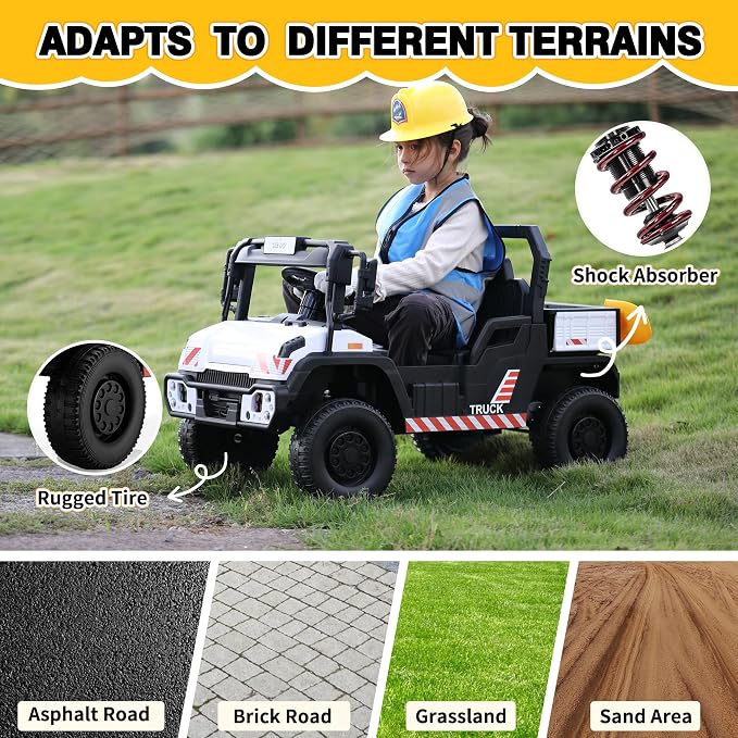 TOBBI 12V Electric Kids Dump Truck Toy, Toddlers Ride On Car with Parent Remote Control, Battery-Powered 4 Wheels Off-Road Vehicle to Drive with Auto Trailer/Horn/LED for Chirdren 3-8 Years-White