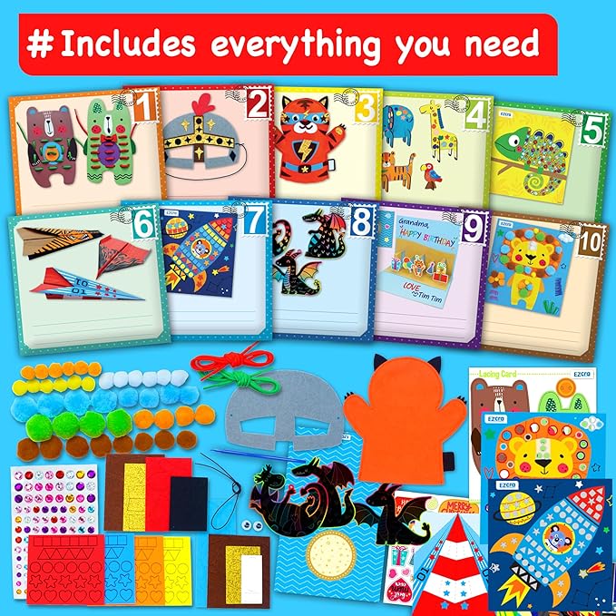EZCRA Craft Kits for Kids Ages 4-8 - 21 Projects in 1 Craft Box for Kids - All Inclusive No Mess Arts and Crafts Kit, Educational Activity Box for Boys & Girls