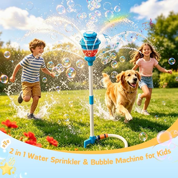 2 in 1 Water Sprinkler & Bubble Machine for Kids, Automatic Outdoor Toy with Lights & Sounds, 2 Bottles & 10 Refill Packs Bubble Solution, Summer Backyard Yard Play Toy, Blue, Battery Not Included