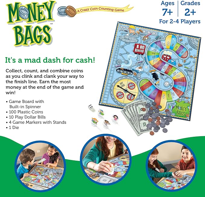 Learning Resources Money Bags Coin Value Game - Classroom Math Games, Financial Literacy for Kids, Play Coins for Kids, Counting Games, Money Board Game