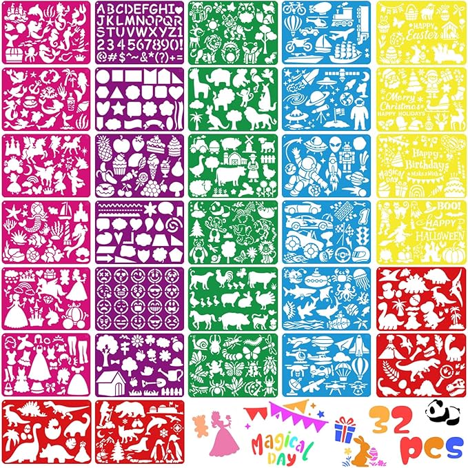 32 PCS Drawing Stencils Set for Kids, Reusable Drawing Painting Stencil Templates for Kids,Animals Unicorn Mermaid Dinosaur Princess Mixed Style Stencil for Art Projects,Classroom Crafts,Wall Decor