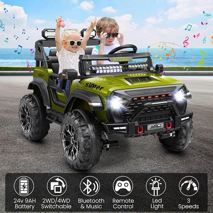 Hikole 24v Kids Ride on Car with 20" Width Seat, 2 Seater Battery Powered Electric Car, 4x100W Motor, Remote Control, 24 Volt Ride on Toy for Boys Girls, Green
