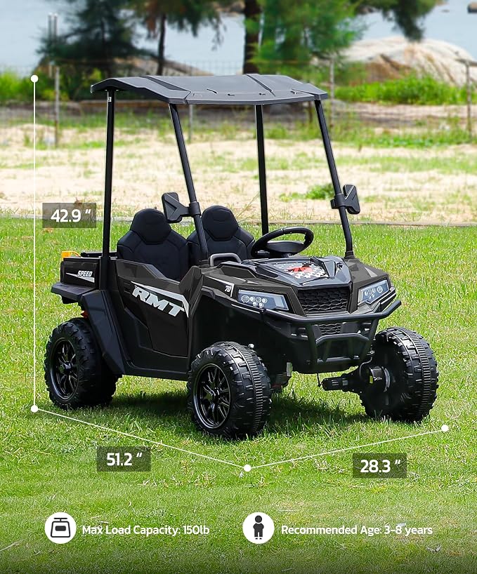 ELEMARA 24V Ride on Toy for Big Kid,Ride on Car 2 Seater w/Sun Shade,Dump Bed & Shovel,4.5MPH,4WD Electric Car for Kids,Battery Car w/Remote,Kids Ride on Truck,3 Speed,LED Lights,Bluetooth, Dark Black
