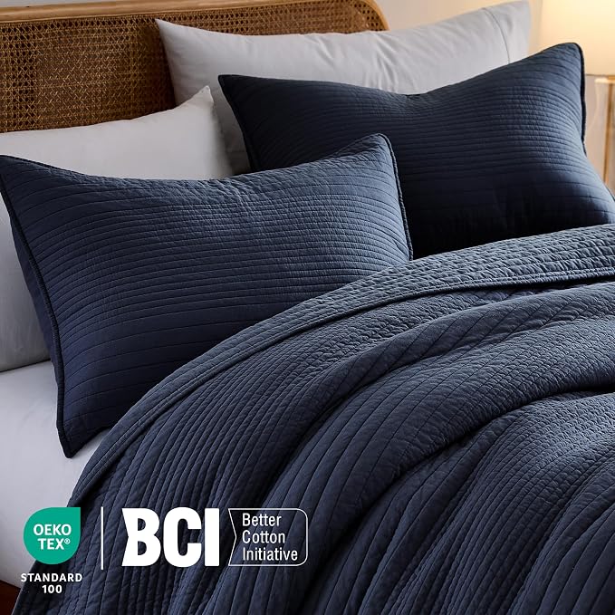 palassio Striped Navy Blue 100% Cotton Quilt King Size Bedding Sets, Lightweight Crinkly Channel Pick Stitch Textured Bedspread Soft Shabby Chic Farmhouse Country Coverlet for All Season, 2 Shams