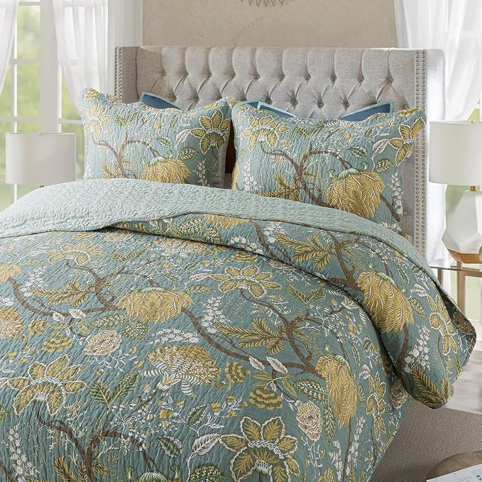 NEWLAKE Bedspread Quilt Sets-Reversible Patchwork Coverlet Set, Green Floral Pattern, King Size
