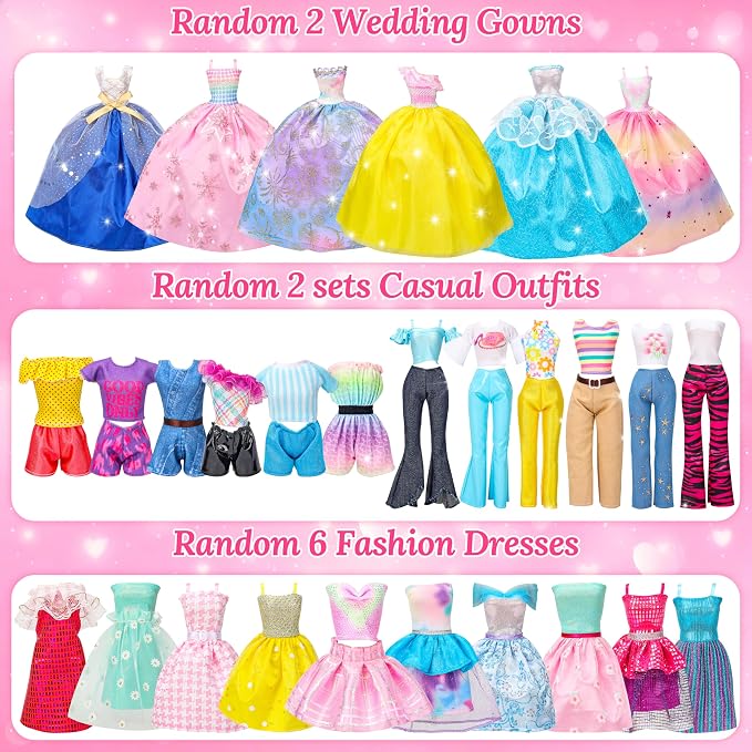 Style Shine 70 Pcs Doll Closet with Clothes & Accessories Playset,2 Wedding Gowns 6 Fashion Dresses 2 Tops 2 Pants 2 Swimsuits 10 Shoes 20 Hangers 27 Accessories Toys for Girls Kids Gifts