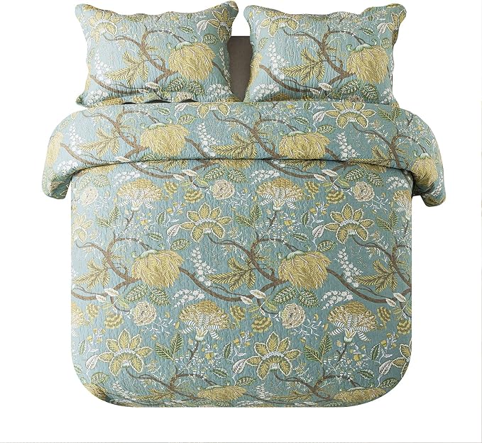 NEWLAKE Bedspread Quilt Sets-Reversible Patchwork Coverlet Set, Green Floral Pattern, King Size