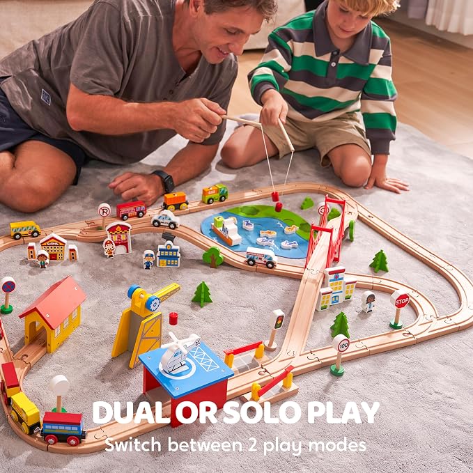 110PCS Wooden Train Set - Toy Magnetic Trains with Wooden Track Set for Kids Ages 3-8, City Scene Railway Set, Perfect Easter Birthday Gift for Grandkids Toddlers Boys Girls