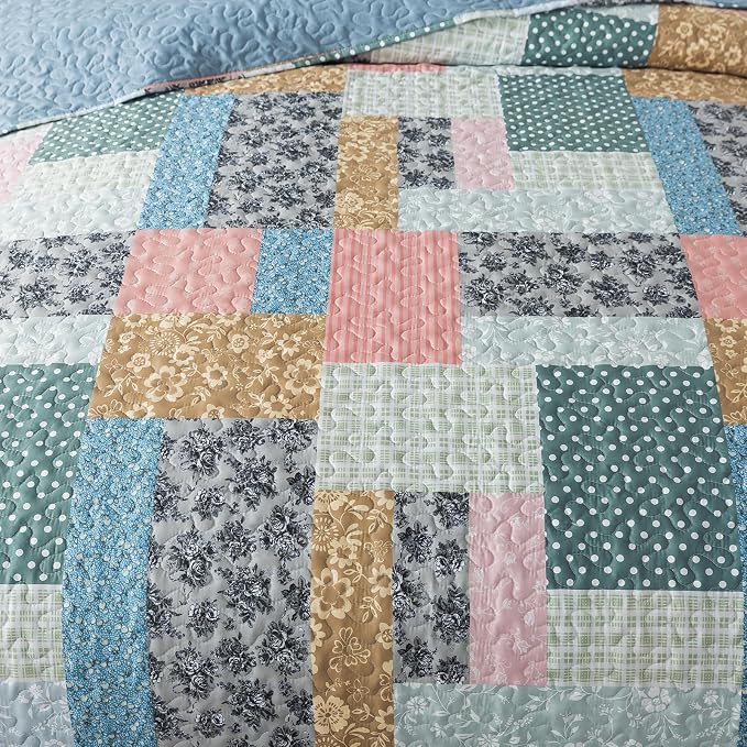 NEWLAKE Quilt Set Queen Size, Bedspread Sets Vintage Floral Patchwork, Quilt Bedding Set Lightweight and Breathable for All Seasons, Soft Quilted Bedspread with 2 Pillow Shams
