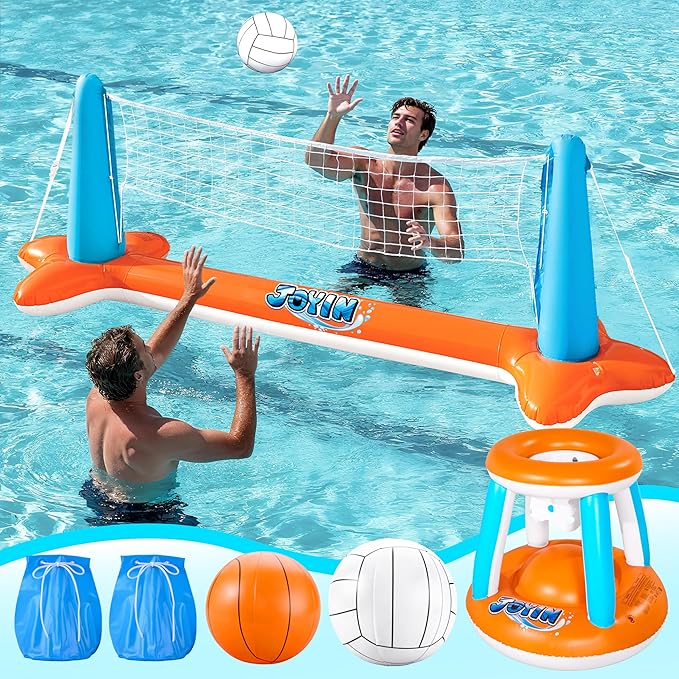 JOYIN Pool Toys Games Set-Inflatable Pool Float Set Volleyball Net & Basketball Hoops, 2 in1 Floating Swimming Game Toy, Volleyball Swimming Pool Game for Kids and Adults, Backyard Beach Summer Toys