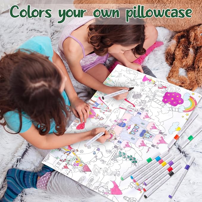 Mindsoft Coloring Craft Coloring Pillowcase Pillow Covers with 12 Pcs Markers Pens for Decoration Supplies Craft, 28.7 x 19.7 Inch (Fairy Tale)