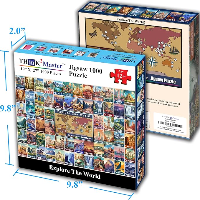 Think2Master Colorful Vintage World Travel Poster 1000 pieces Large Format Jigsaw Puzzle for kids 13+, teens, adults & families. Great gift for people wanting to explore the World. Size: 26.8” X 18.9”