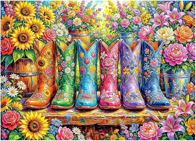1000 Piece Puzzle for Adults, Colorful Flower Boots Jigsaw Puzzles, Plant Floral Boot Garden Jigsaw Puzzle, Fun Challenging Puzzle with Letters on Back, Cowgirl Blooming Boots Puzzles for Game Night