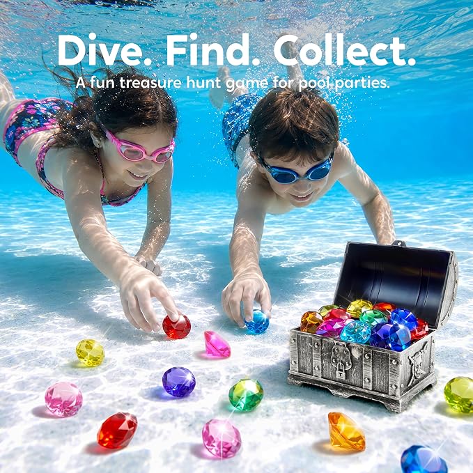 Sloosh Diving Gems Pool Toys,16 Big Colorful Diamond with Pirate Treasure Chest,Swim Dive Toy for Kids Underwater Gemstone Swimming Training Gift Water Toys Pool Games(Silver)