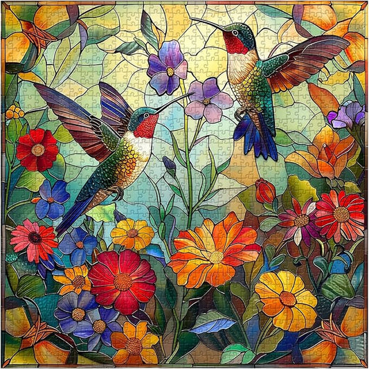 Stained Glass Puzzles for Adults 1000 Pieces, PICKFORU Colorful Flower Hummingbird Jigsaw Puzzles, Mosaic Bird Puzzles as Home Decor
