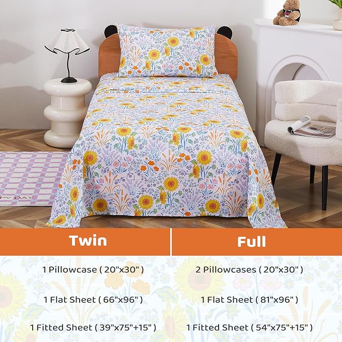 Viviland 3 Pieces Girls Floral Spring Twin Sheet Set - Soft Microfiber Fitted Flat Sheets & Pillowcase Bed Sheet Set - Summer Sunflower Print Bedding Sets for Kids