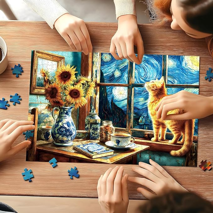 EIYRURU 500 Piece Jigsaw Puzzle for Adults –Van Gogh Starry Night Cat Jigsaw Puzzles 500 Pieces, Sunflower Artwork Puzzles for Adults 500 Pieces, Challenging Perfect for Game Nights, 20.5 X 15 in
