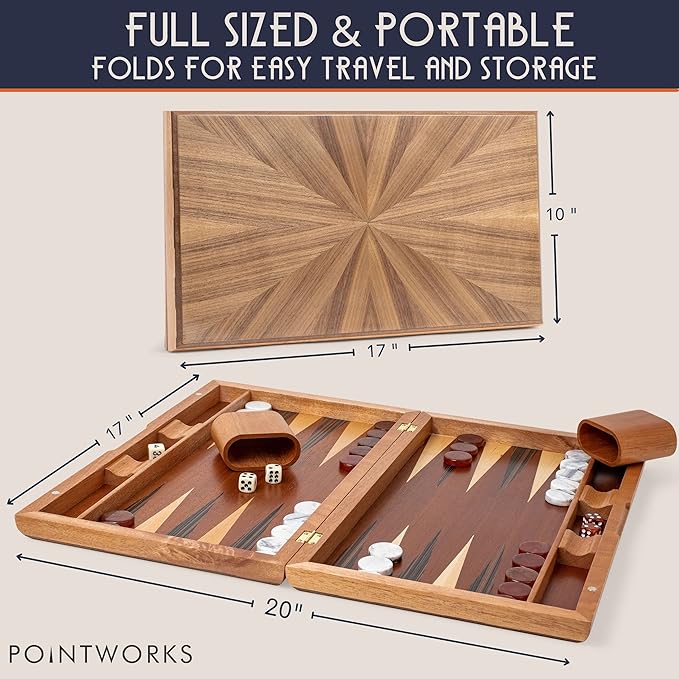 Pointworks 17 Inch Backgammon Sets for Adults. Beautiful Wood Inlaid Backgammon Board Game Set with Unique Checkers & Dice. Large Back Gammon Game Sets Travel Size for 2 Players Nardi or Tavla