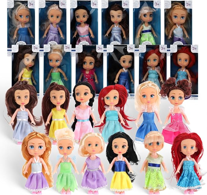 Liberty Imports 12 Pack Little Royal Princess Dolls - Mini Pocket Size Toddler Toys Fantasy Pretend Play Set with Dress, Accessories for Kids, Girls Dollhouse, Party Favors (5-inches)