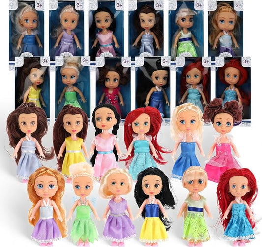 Liberty Imports 12 Pack Little Royal Princess Dolls - Mini Pocket Size Toddler Toys Fantasy Pretend Play Set with Dress, Accessories for Kids, Girls Dollhouse, Party Favors (5-inches)