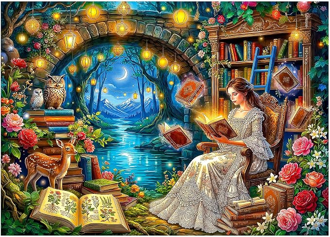 1000 Piece Puzzle for Adults, Magic Fairy Reading Jigsaw Puzzles for Adults 1000 Pieces, Fun Challenging Family Puzzle with Letters on Back, Moonlit Reading Fairy Flower Puzzles for Adults
