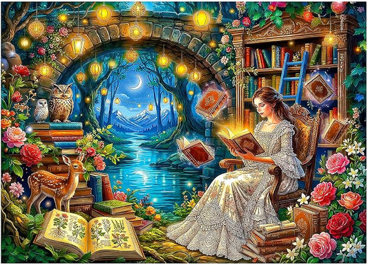 1000 Piece Puzzle for Adults, Magic Fairy Reading Jigsaw Puzzles for Adults 1000 Pieces, Fun Challenging Family Puzzle with Letters on Back, Moonlit Reading Fairy Flower Puzzles for Adults