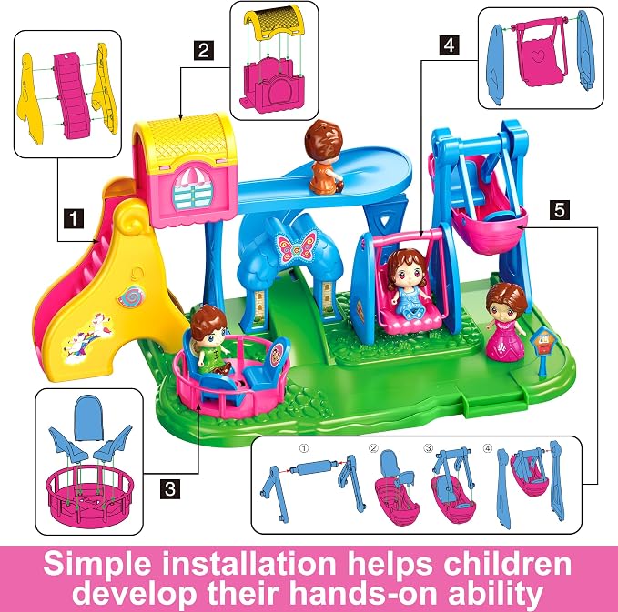 XDUOYJOY Doll House Playground Playset with 4 Toy Figures, Slide, Swing, Rocking Horse, Pirate Ship, Dollhouse & Doll Accessories Pretend Play Fun for Kids Ages 3+