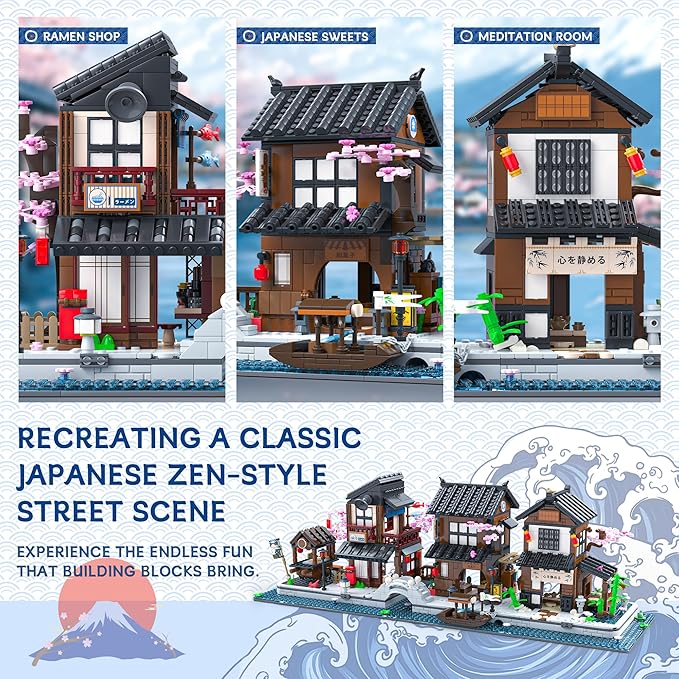 Traditional Japanese Cherry Blossom Village Building Set, Sakura Street View Architecture Building Block - Izakaya & Tea House, Collectible Construction Toy Gift for Adults & Anime Fans, 2058Pcs