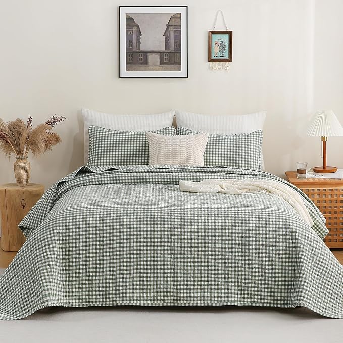TOCOMOA Green Brown Gingham Quilt Bedding Set 100% Washed Cotton Bedspread Coverlet Like Linen Feel Soft Comfy Breathable 3 Pcs Plaid Checkered Lightweight Comforter Set for All Season, King 106"x96"