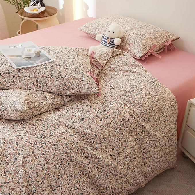 Pink Floral Comforter Set Full Size, Aesthetic Botanical Flowers Comforter with 2 Bow Ties Pillowcases, Lightweight Cute Girls Floral Bedding Comforter Vintage Cottagecore Comforter Set for All Season