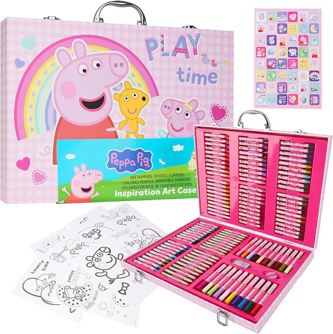 Peppa Pig Colouring, Arts & Crafts Set for Kids, 137 Pcs Stationary Supplies, Colouring Paper Pencils Crayons Eraser & Sharpener, Gifts for Girls
