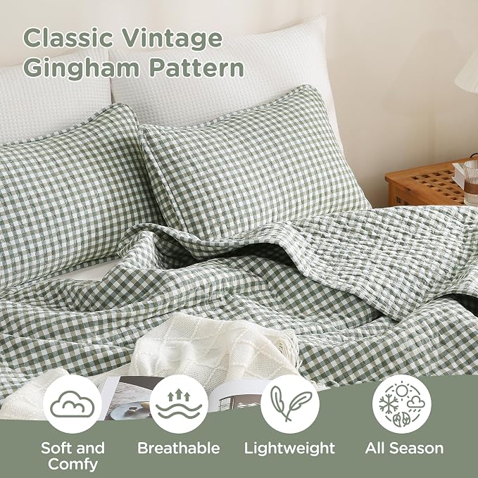 TOCOMOA Green Brown Gingham Quilt Bedding Set 100% Washed Cotton Bedspread Coverlet Like Linen Feel Soft Comfy Breathable 3 Pcs Plaid Checkered Lightweight Comforter Set for All Season, King 106"x96"