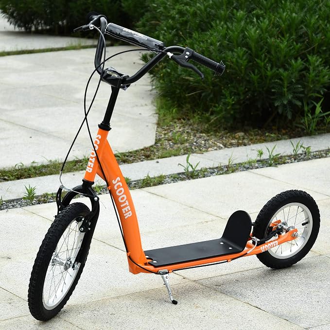 Aosom Youth Scooter Kick Scooter for Kids 5+ with Adjustable Handlebar 16" Front and 12" Rear Dual Brakes Inflatable Wheels