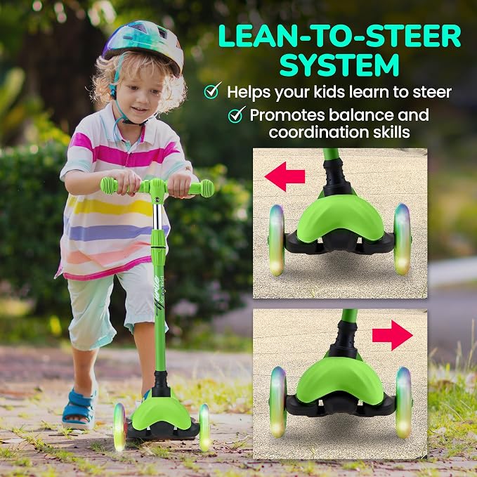 Hurtle Mini Kickboard 3 Wheel Scooter for Kids Ages 2-5 - Lean-to-Steer Toddler Scooter with Light-up LED Wheels, Adjustable Height & Rear Foot Brake for Boys. & Girls, Anti-Slip, Indoor/Outdoor