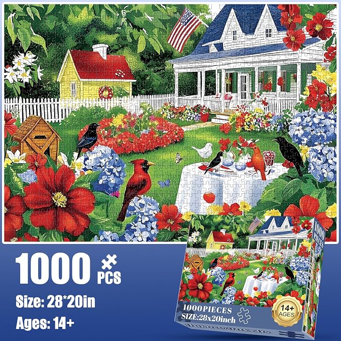 1000 Piece Puzzle for Adults, Beautiful Garden Scene Puzzles, Birds and Flowers Jigsaw Puzzles 1000 Pieces,Fun Landscape Puzzle for Adults Kids Seniors,Challenging Family Game Great Gift Idea,28*20 in
